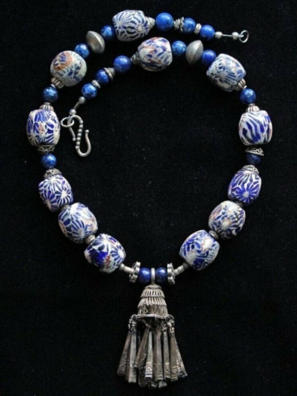 Antique Hmong Miao Pendant with Lapis & Glass, Yemenite, and Indonesian Beads